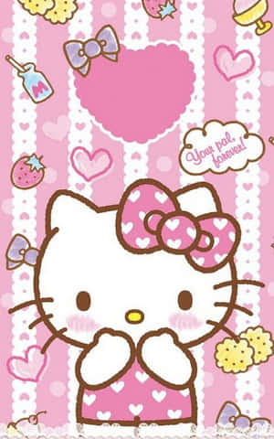 Hello Kitty 身穿粉紅色連衣裙，戴著心形蝴蝶結，在糖果和心形環繞下祈禱。 — Nubia Flip2 壁紙