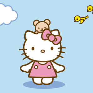 Hello Kitty 與泰迪熊和小鳥在天空 — 凱蒂貓 美學 GIF 壁紙