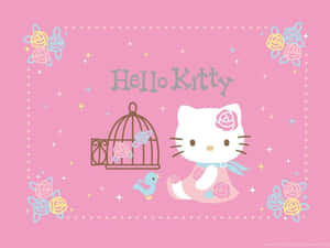 Hello Kitty 身穿粉紅玫瑰裙，鳥從籠中飛出，背景閃爍粉紅。 — 可愛貓咪 壁紙