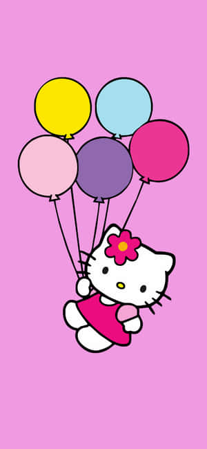 Hello Kitty 手持彩色氣球在粉紅色背景上漂浮 — iPhone 18 壁紙