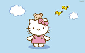 Hello Kitty 與泰迪熊和小鳥在天空 — 凱蒂貓 美學 GIF 壁紙