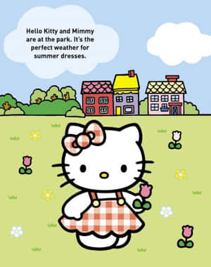 Hello Kitty 身穿格紋洋裝，在陽光明媚的公園裡拿著一朵花，身後有房屋。 — 可愛粉色女孩 壁紙