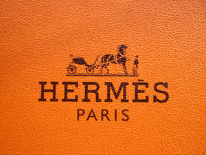 Hermès Paris 標誌在紋理橙色皮革上，帶有黑色馬車圖案。 — 品牌 壁紙