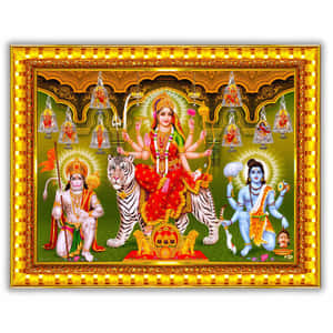 印度教女神騎虎，兩側有兩位神祇，金色框架內懸掛偶像。 — Maa Durga 壁紙
