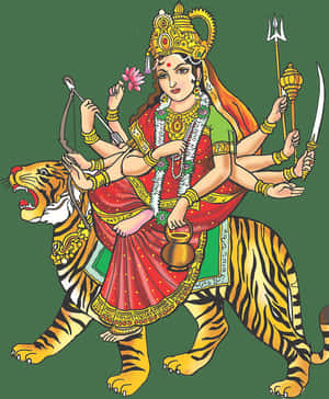 多臂印度教女神騎著老虎，手持武器和蓮花。 — Maa Durga 壁紙