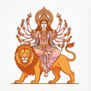 多臂印度教女神騎著獅子，手持神聖武器。