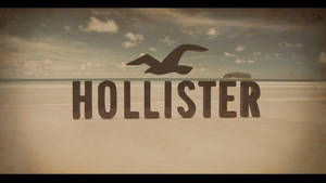 沙灘上的Hollister標誌，海鷗飛過頭頂，遠方有島嶼。 — Hollister 壁紙