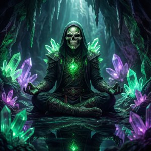 骷髏人物在一個充滿水晶的洞穴中冥想，洞穴中有發光的綠色和紫色水晶。