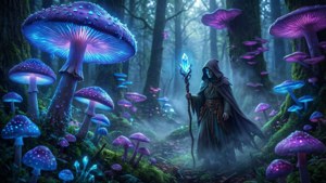 一位手持發光法杖的巫師在黃昏時分漫步於發光蘑菇的神秘森林中。