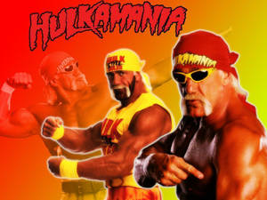 Hulk Hogan 身穿摔角裝備向前指，背後有 'Hulkamania' 文字。 — 漫威標誌 壁紙