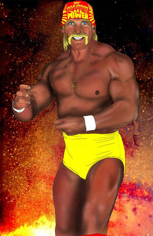 Hulk Hogan 穿著黃色短褲和紅色頭巾，站在熾熱的宇宙背景前。 — 霍克·霍肯 壁紙