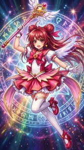 穿著紅色魔法服裝的動漫女孩，被發光的符文和星星包圍，手持魔杖。