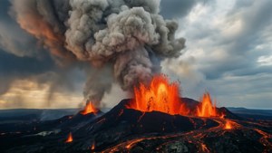 火山爆發，明亮的熔岩和黑煙映襯著多雲的天空。