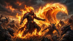 火焰戰士與惡魔大軍在烈火末世場景中戰鬥