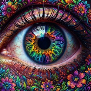 色彩繽紛的眼睛，帶有彩虹虹膜和周圍的花卉裝飾。 — Galaxy Watch 壁紙