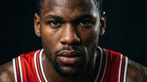 身穿紅色球衣、滿臉汗水的專注籃球運動員特寫。