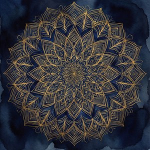 金色曼陀羅在紋理藍色水彩背景上帶有複雜圖案。