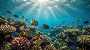 陽光穿過海水照射在珊瑚礁和熱帶魚上