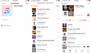 iPhone 音樂應用程式，顯示播放清單建立和帶有專輯封面的歌曲列表。 — 音樂美學 壁紙