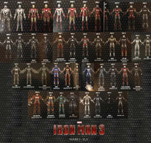 Iron Man 裝甲 Mark I 至 XLII 以網格顯示，附電影標題。 — 鋼鐵人標誌 壁紙