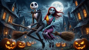 Jack 和 Sally 騎著掃帚飛過滿月下發光的南瓜和鬼屋。