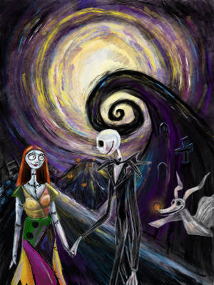 Jack Skellington 和 Sally 在詭異的萬聖節夜晚場景中手牽手。 — 湯姆與傑利卡通 壁紙