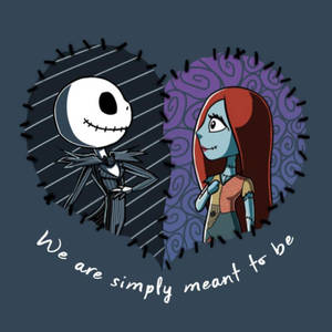 Jack Skellington 和 Sally 在縫合的心形圖案中，帶有浪漫文字。 — 傑克與莎莉 壁紙