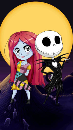 Jack Skellington 和 Sally 站在一個大黃色月亮下的黑暗墓園中。 — 湯姆與傑利卡通 壁紙
