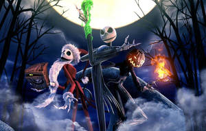 Jack Skellington 和 Sally 在夜晚騎著掃帚飛過鬧鬼的森林。 — 傑克·史克林頓 壁紙