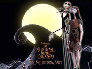 Jack Skellington 和 Sally 在黑暗哥德式環境中，站在一個巨大的黃色月亮下。 — 迪士尼聖誕節 GIF 壁紙