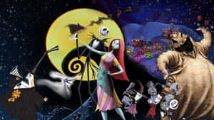 萬聖節小鎮角色在滿月下與節日燈光和陰森建築共舞。 — 潔西 玩具總動員 壁紙