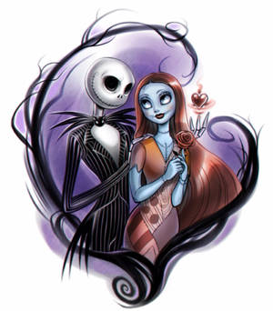 Jack Skellington 和 Sally 在紫色心形漩渦中手持玫瑰。 — 湯姆與傑利卡通 壁紙