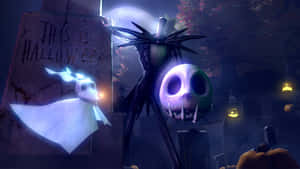 Jack Skellington 和他的幽靈狗 Zero 在萬聖節夜晚的墓地中。 — 傑克·史克林頓 壁紙