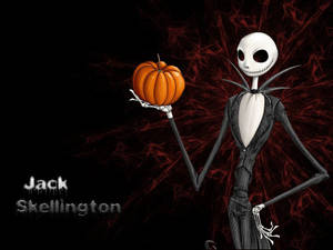 Jack Skellington 在深紅色蜘蛛網背景中拿著一個南瓜。 — 無眼傑克 壁紙