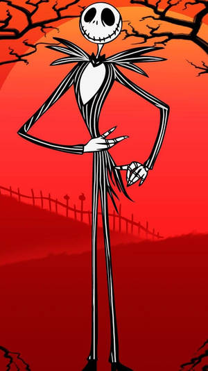 Jack Skellington 在紅色天空和光禿樹木的萬聖節場景中擺姿勢。 — 紅色圓圈 壁紙