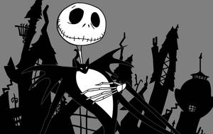 Jack Skellington 在陰森的萬聖節場景中，伴隨著黑暗的樹木和鬼屋。 — 傑克·史克林頓 壁紙