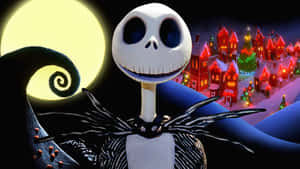 Jack Skellington 俯瞰著一個在滿月下為聖誕節裝飾的雪白小鎮。 — 傑克·史克林頓 壁紙