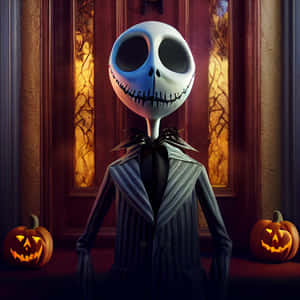 穿著條紋西裝的 Jack Skellington 在宏偉的門口被閃閃發光的南瓜燈包圍。 — iPad 第10代 壁紙