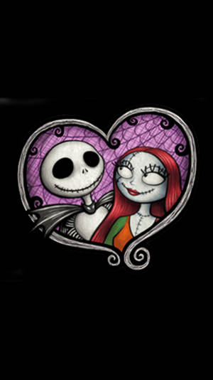 Jack 和 Sally 在心形框架內，微笑擁抱。 — 迪士尼聖誕節 GIF 壁紙