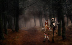 Jack 和 Sally 在黃昏時分於一個陰森迷霧的森林中牽手。 — 傑克與莎莉 壁紙