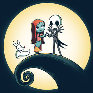 Jack 和 Sally 在滿月下於螺旋形山丘上牽手，他們的狗 Zero 在旁邊。 — 無眼傑克 壁紙