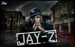 Jay-Z 戴著黑色帽子和外套，站在下雨的城市街道上，天空有彩虹。 — 澤爾德里斯 壁紙