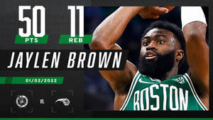 Jaylen Brown 身穿波士頓塞爾提克球衣投籃，並顯示比賽數據。 — 杰倫·布朗 壁紙
