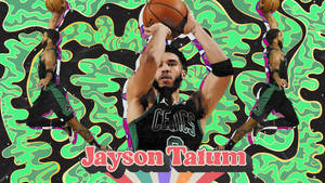 籃球運動員 Jayson Tatum 身穿塞爾提克球衣，在迷幻背景下投籃。 — 傑森·塔圖姆 壁紙