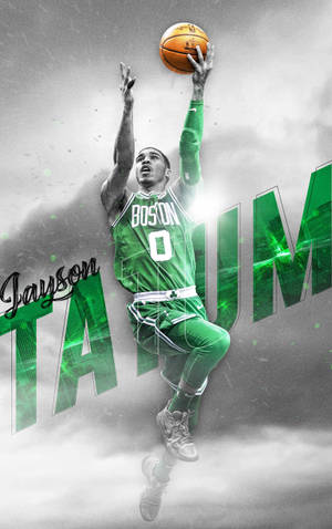 Jayson Tatum 在半空中灌籃，身穿綠色塞爾提克球衣，背後有發光的綠色文字。 — 傑森·塔圖姆 壁紙