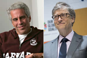 Jeffrey Epstein 穿著哈佛連帽衫和 Bill Gates 穿著西裝，兩人都微笑 — 比爾蓋茲 壁紙