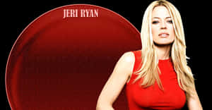 女演員 Jeri Ryan 身穿紅色上衣，背景為黑色，並有一個紅色圓形。 — 坎達兒·珍娜 壁紙