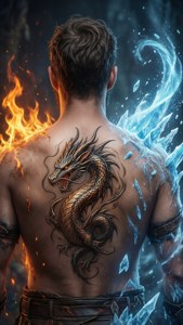 一個有龍紋身的男人，被火和冰包圍。 — ROG Ally 壁紙