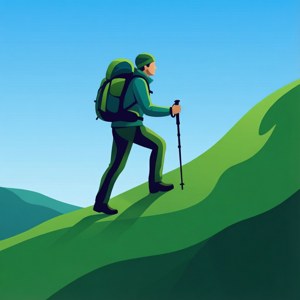 健行者在藍天下背著背包和登山杖攀登綠色山丘 — Infinix Zero 壁紙