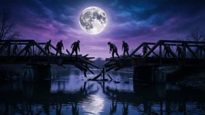 夜晚滿月下，殭屍穿過一座破碎的橋。